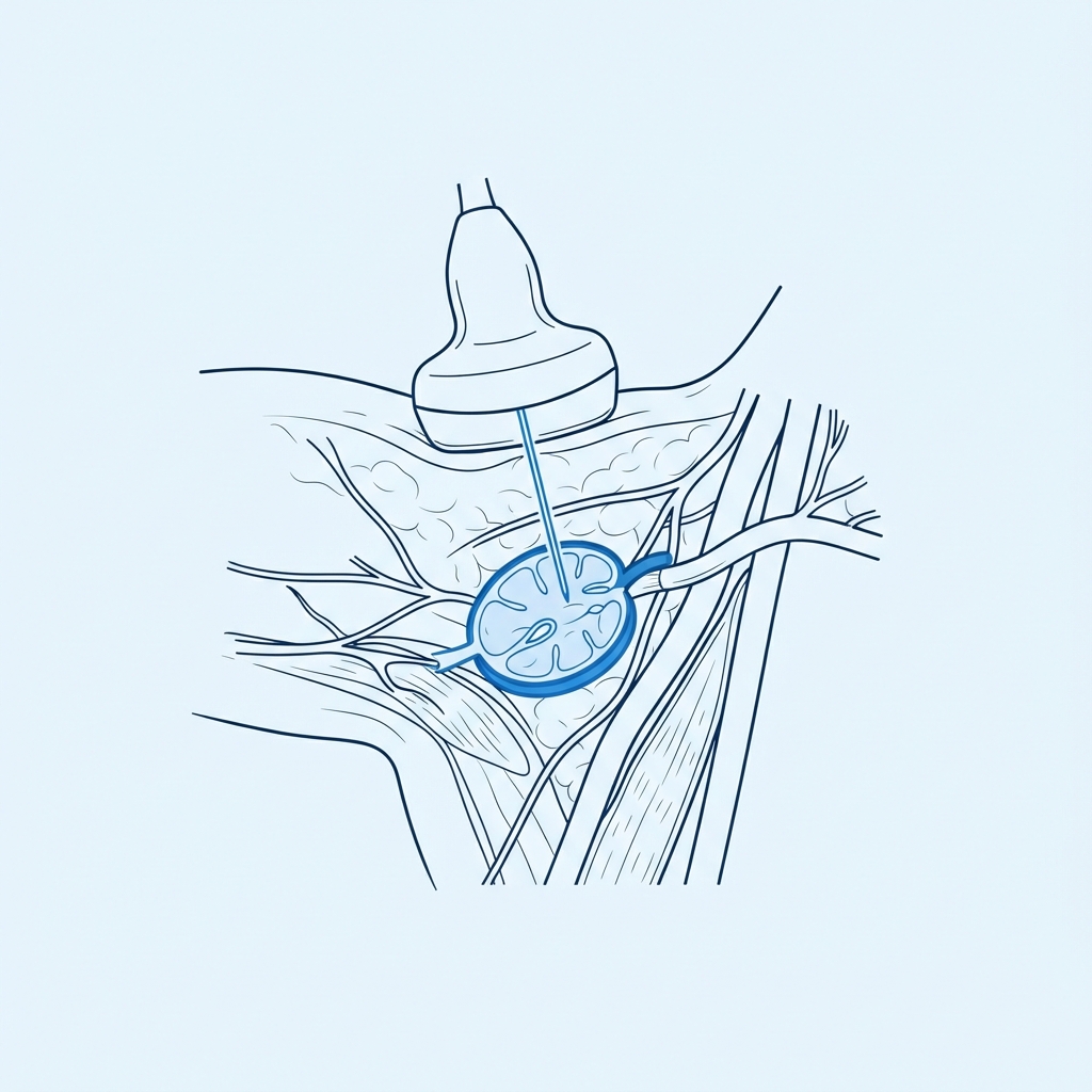 Ilustração científica do procedimento — PAAF / biópsia de linfonodo axilar