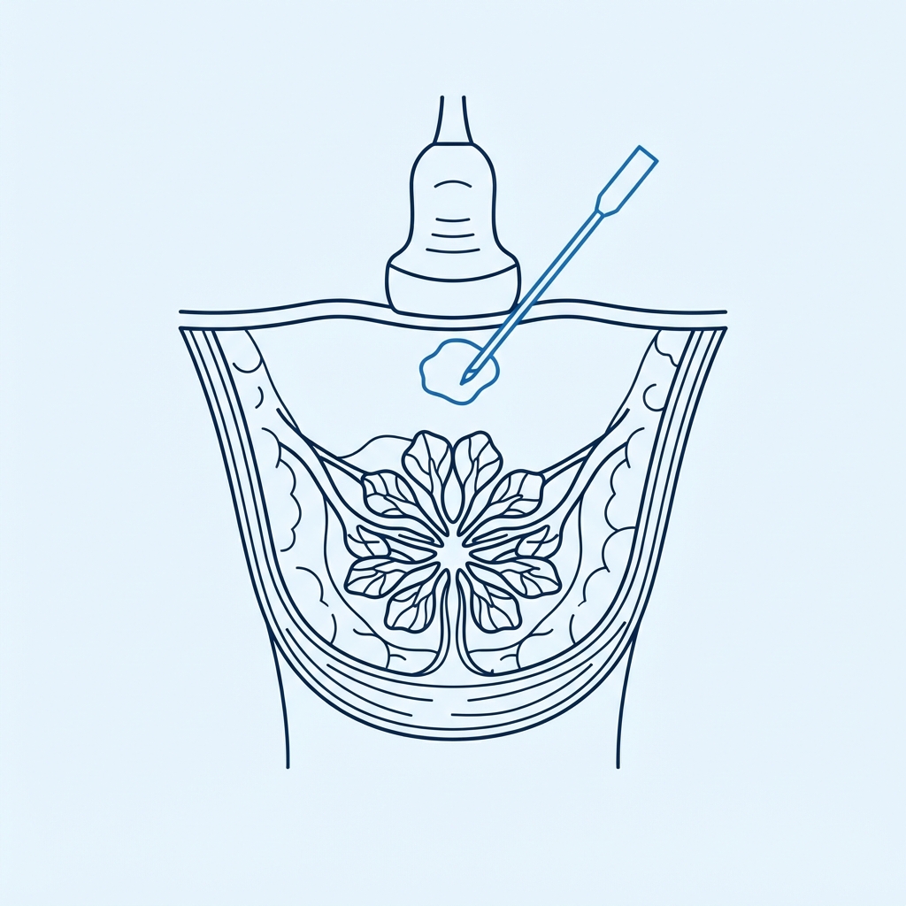 Ilustração científica do procedimento — Biópsia de mama guiada por ultrassom