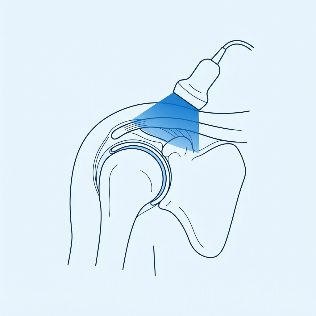 Ilustração científica do procedimento — Ultrassom musculoesquelético