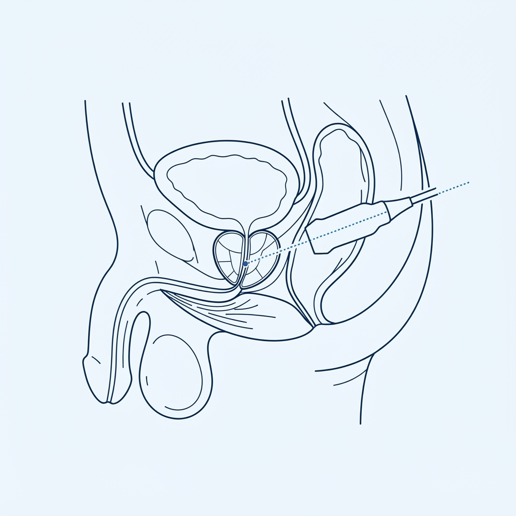 Ilustração científica do procedimento — Biópsia de próstata transretal