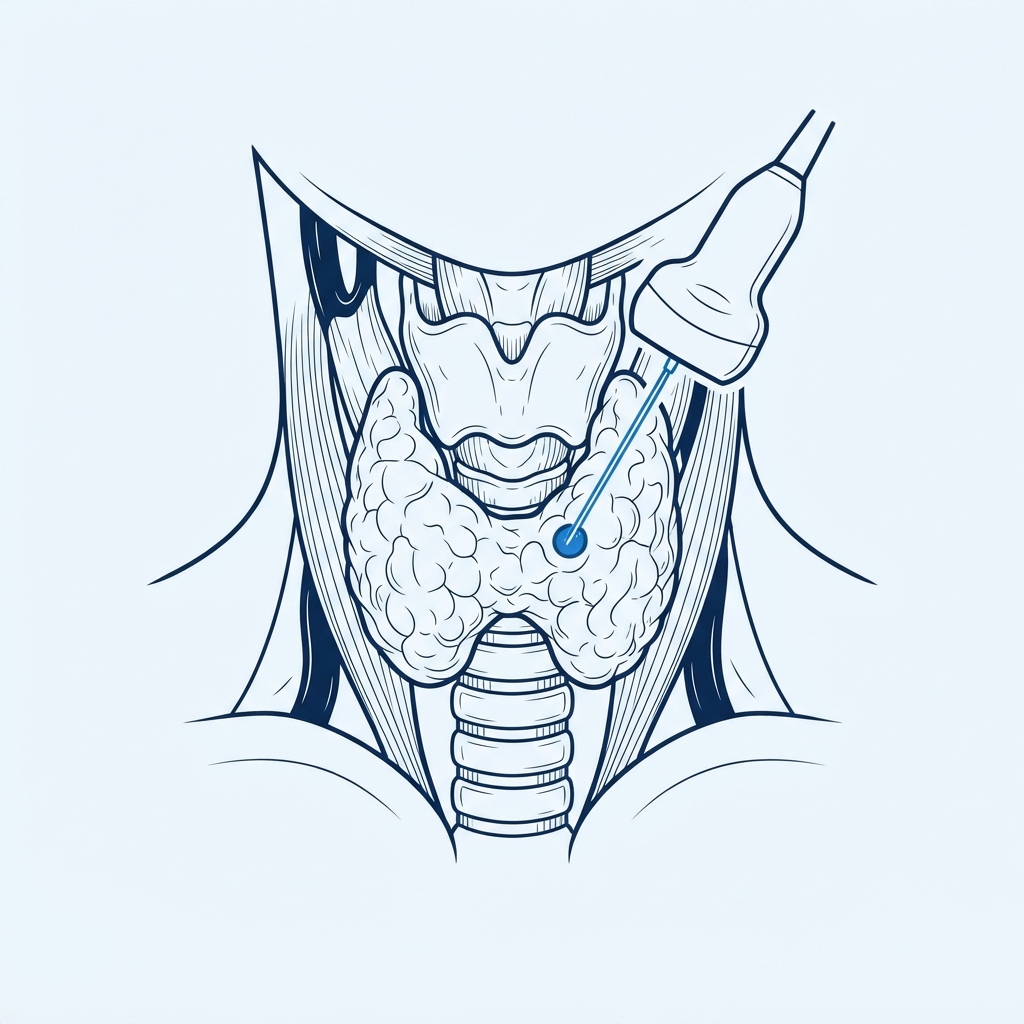Ilustração científica do procedimento — PAAF / biópsia de tireoide